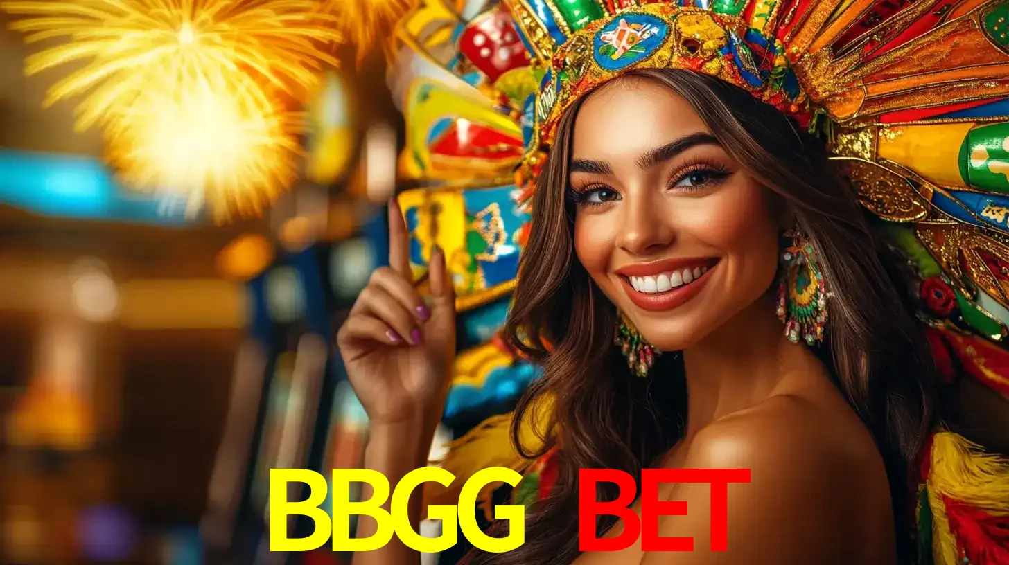 Mulher sorridente com um cocar de carnaval vibrante e colorido, celebrando uma grande vitória nos jogos do cassino BBGG BET com fogos de artifício ao fundo.