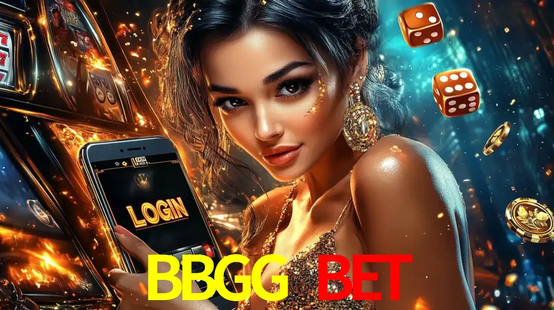 Mulher glamourosa segurando um celular com a tela de login do cassino BBGG BET, rodeada por dados e moedas douradas, pronta para começar a diversão.