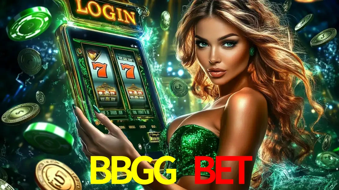 Mulher com tema verde apresentando o aplicativo do cassino BBGG BET com um jogo de slot de 777, cercada por fichas de cassino e uma aura de sorte.