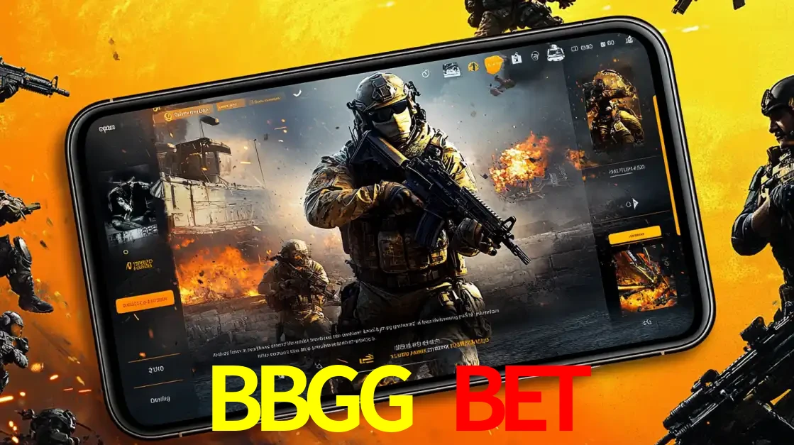 Um smartphone exibindo a interface de um jogo de tiro em primeira pessoa, com um soldado em um cenário de batalha, representando a ação dos e-sports para apostar no BBGG BET.