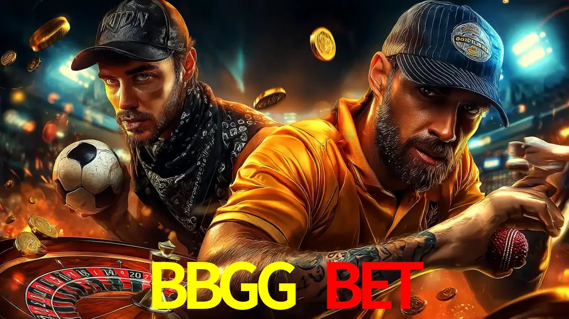 Montagem de apostas esportivas e cassino no BBGG BET, com um homem segurando uma bola de futebol e outro uma de beisebol sobre uma roleta e moedas voadoras.