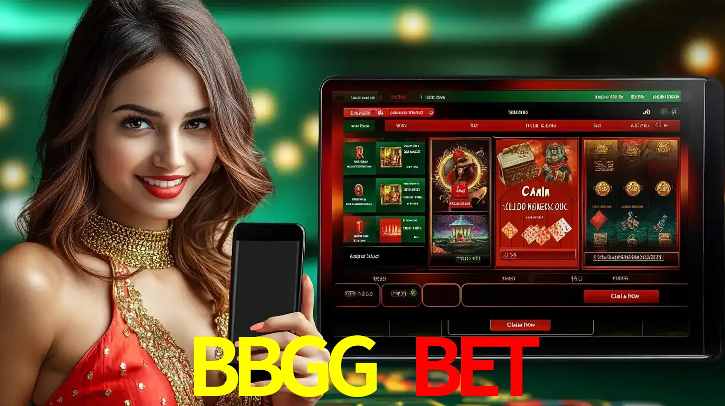 Mulher sorridente segurando um smartphone, ao lado de uma tela exibindo o lobby de jogos do cassino online BBGG BET, com várias opções de jogos de cartas e slots.